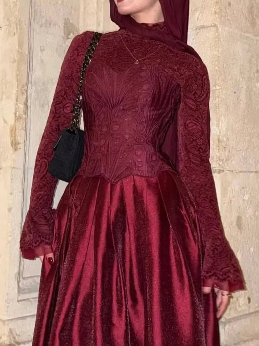 Cocoslly High Neck Long Sleeves High Waist Long Prom Dress With Hat | Burgundy Satin LR0513