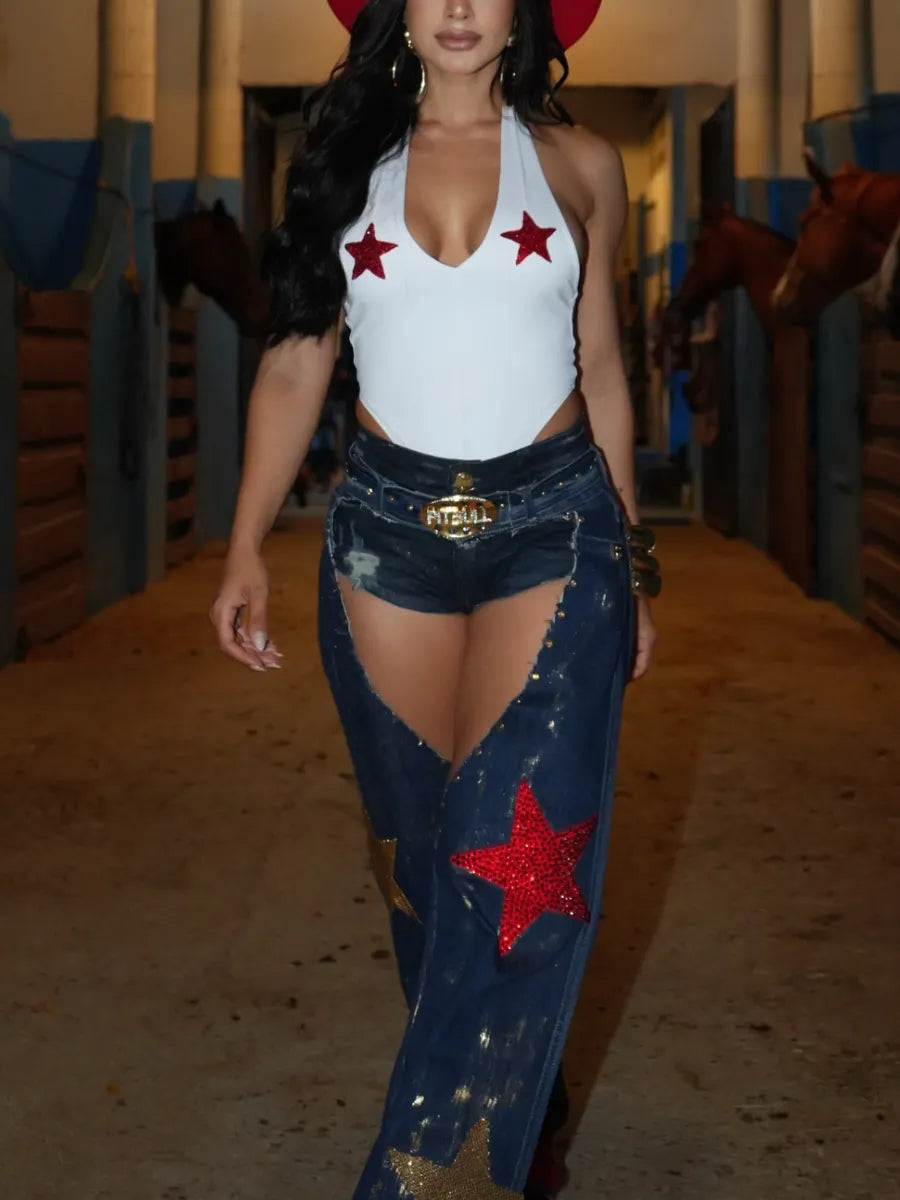 Denim Cutout Star Rhinestone Flare Pants