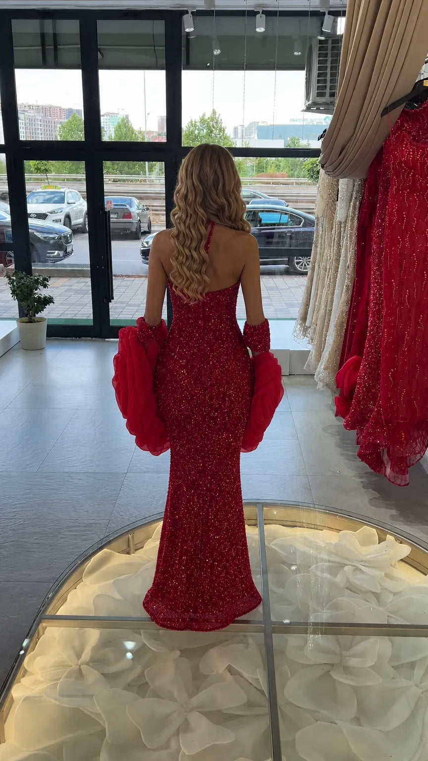 Sequin Halter Neck Mermaid Evening Gown with Dramatic Ruffle Arm Cuffs