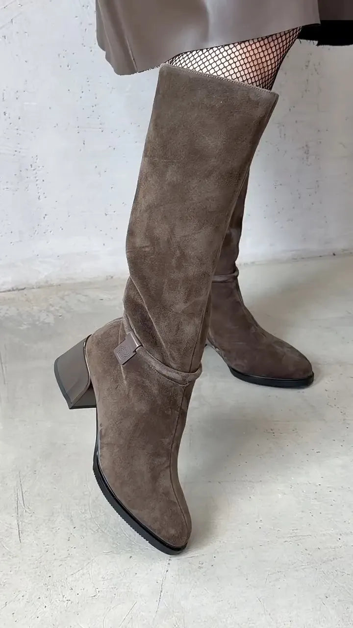 Suede Knee High Block Heel Boots