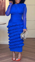 Royal Blue Mesh Ruffled Midi Dress