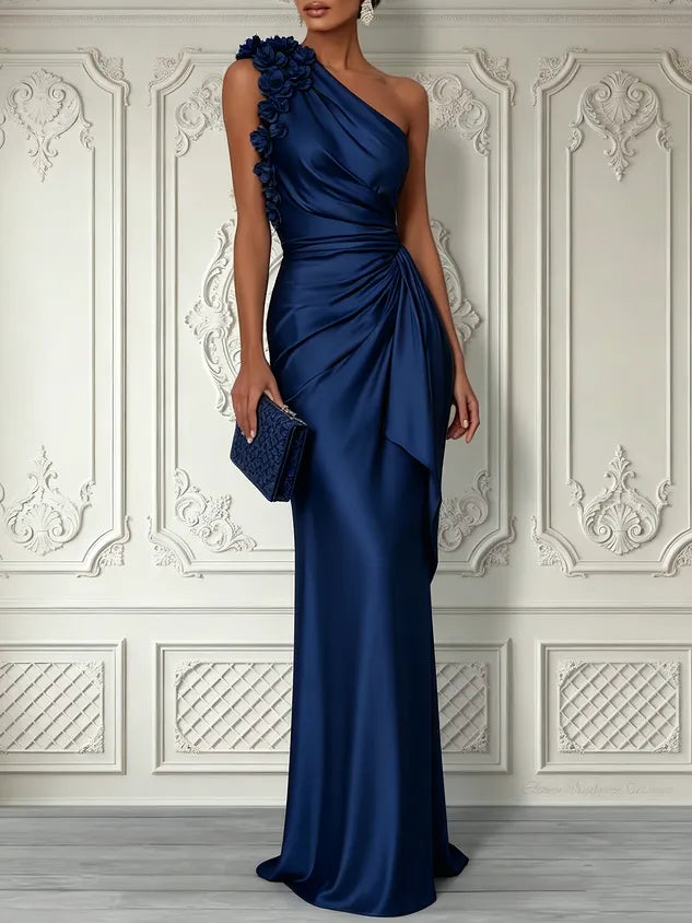 Champagne 3D Floral Ruched Satin One Shoulder Sleeveless Sheath Floor-length Gown Dress