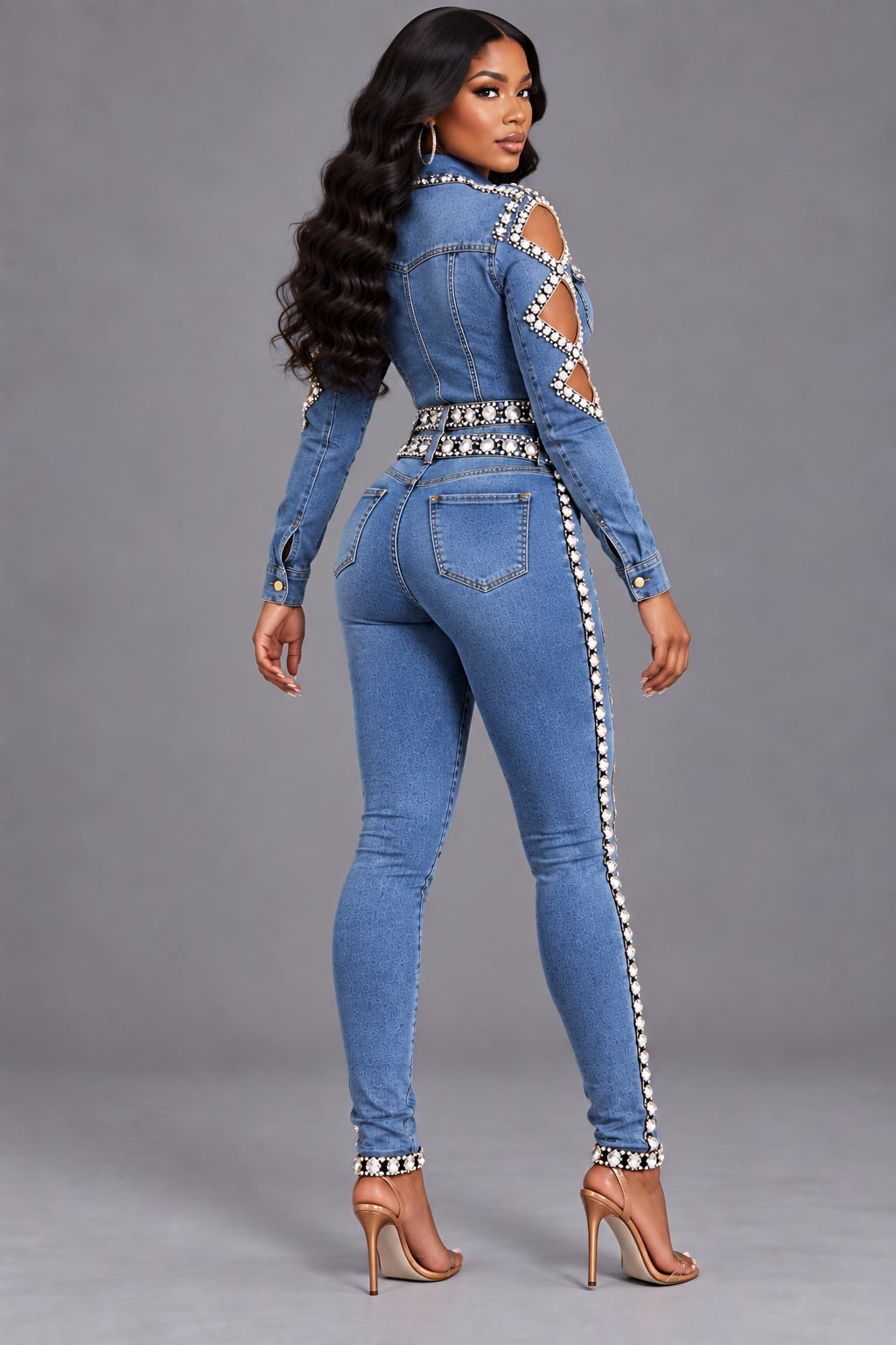 Crystal Heart Cutout Denim Jumpsuit