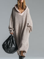 Fashion Loose Retro Trimmed Floral Gray Hooded Knitted Midi Dress