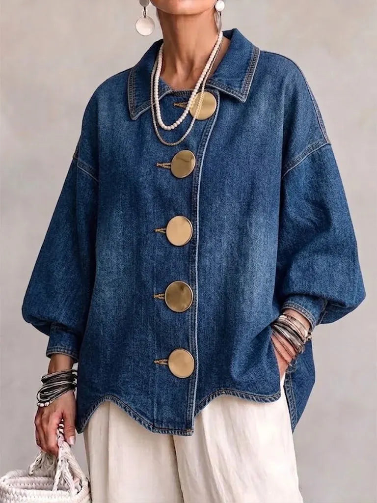 Denim Oversized Jacket With Large Gold Buttons