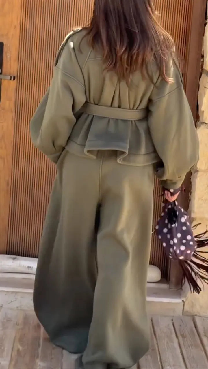 Belted Stand Collar Coat And Wide Leg Pants Two Piece Set