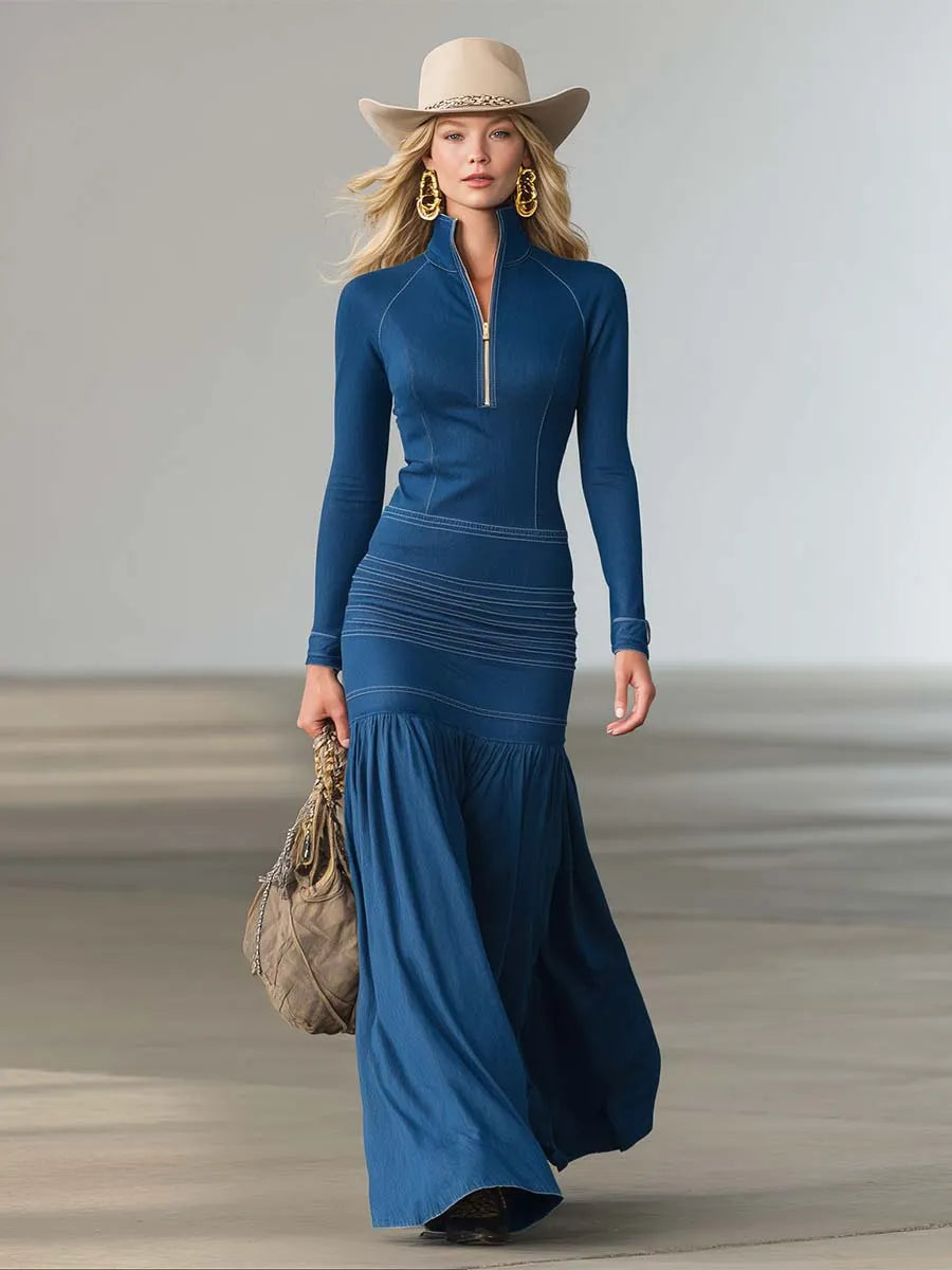 Women鈥檚 Structured Denim Zip Front Long Sleeve Maxi Dress