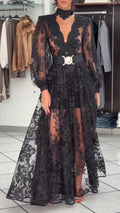 Black Plunging Floral-Lace Long-Sleeve Maxi Dress