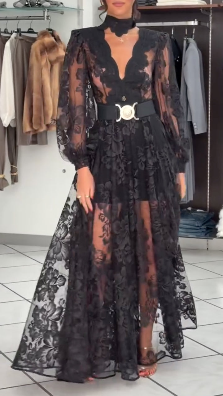 Black Plunging Floral-Lace Long-Sleeve Maxi Dress