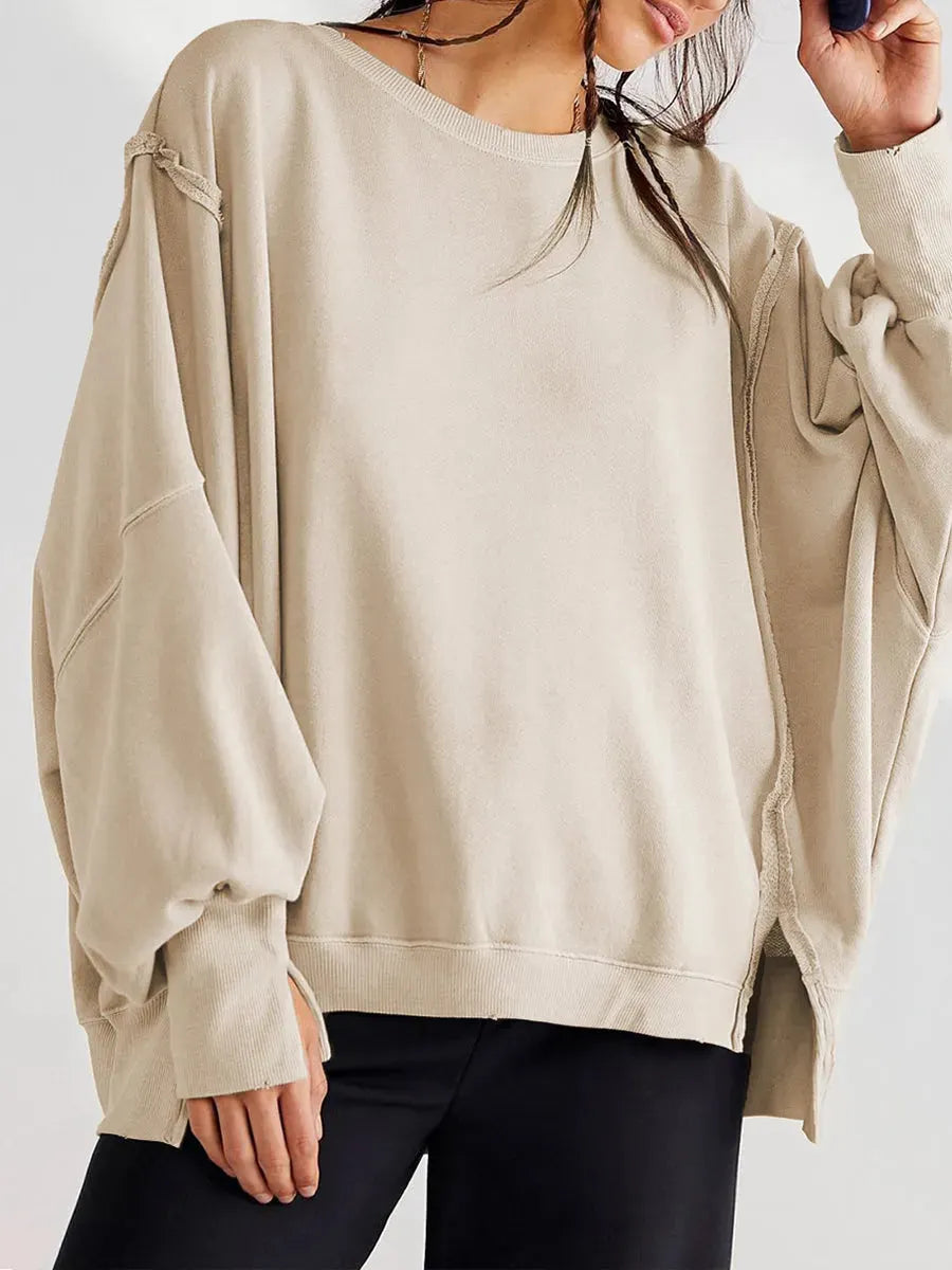 Casual Oversized Cotton Crew-neck Sweatshirt With Exposed Seams