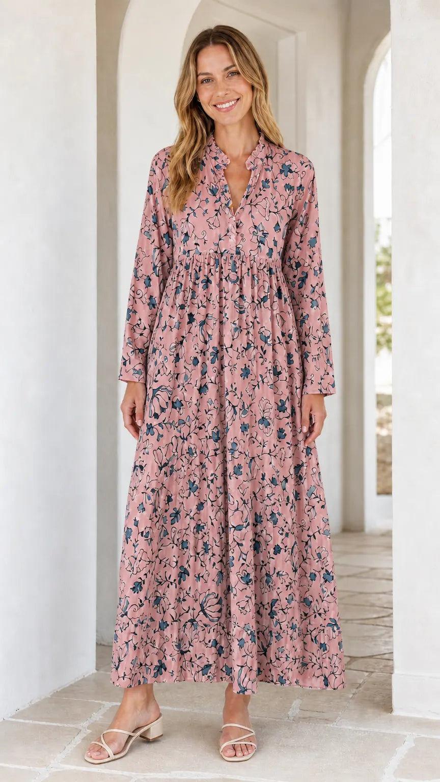 Women's Long Sleeve Floral Print Ruffle Maxi Dress
