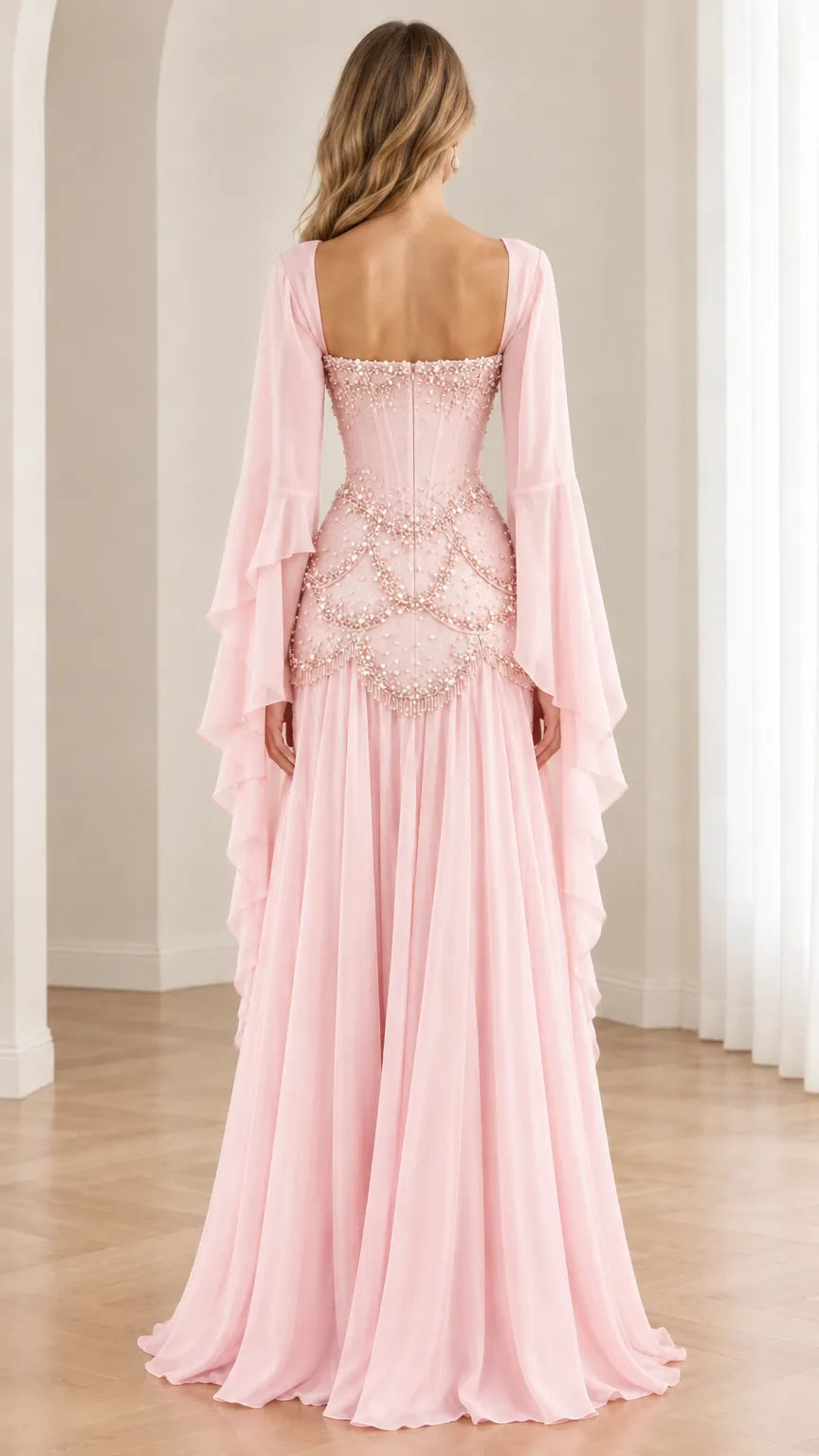 Beaded Corset Evening Gown with Sheer Bell Sleeve Shrug