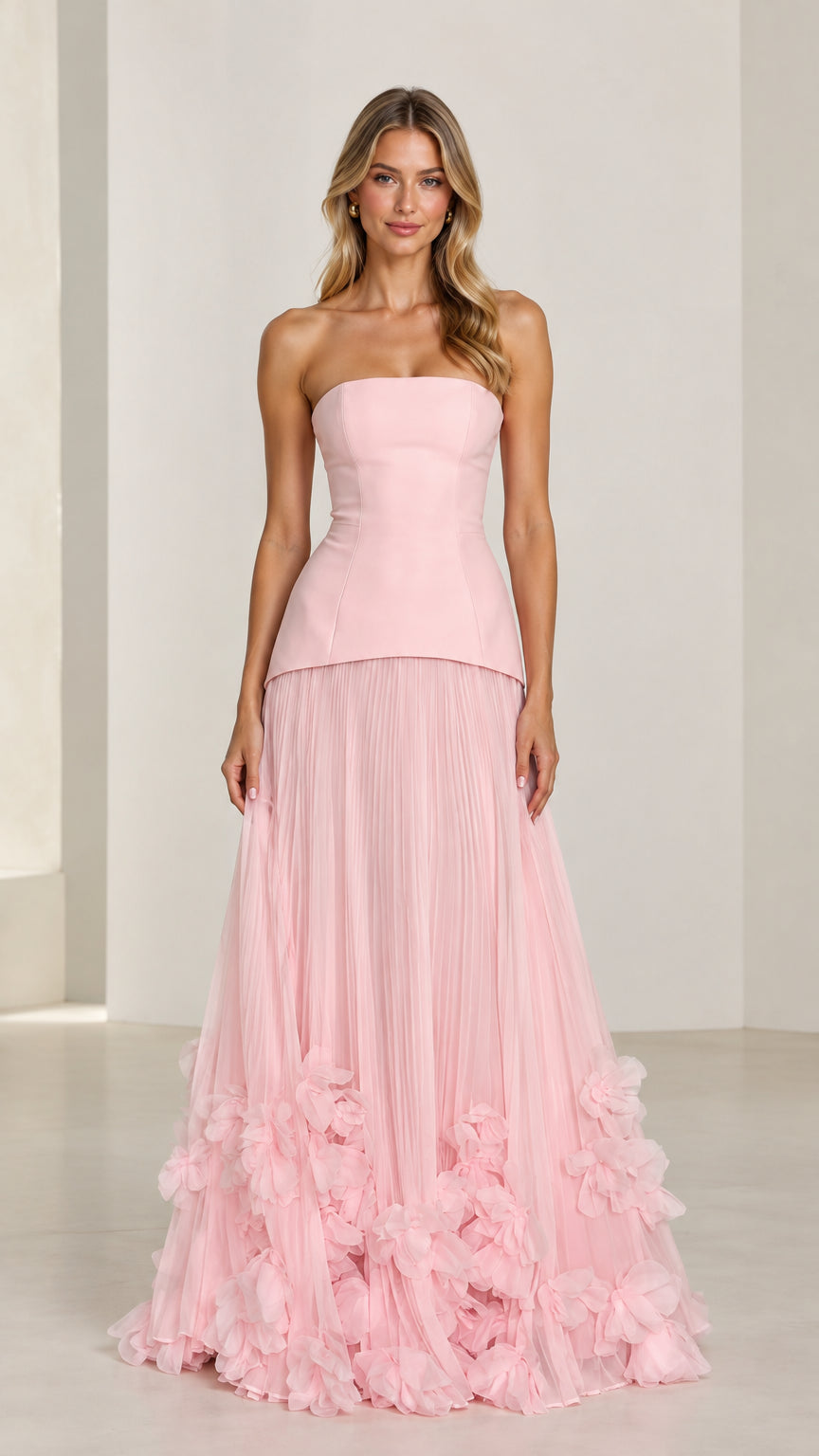 Strapless Corset Drop-Waist Evening Gown with Tiered Tulle Ruffle Skirt