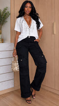 Rhinestone Embellished V‑Neck White Top With Black Cargo Pants