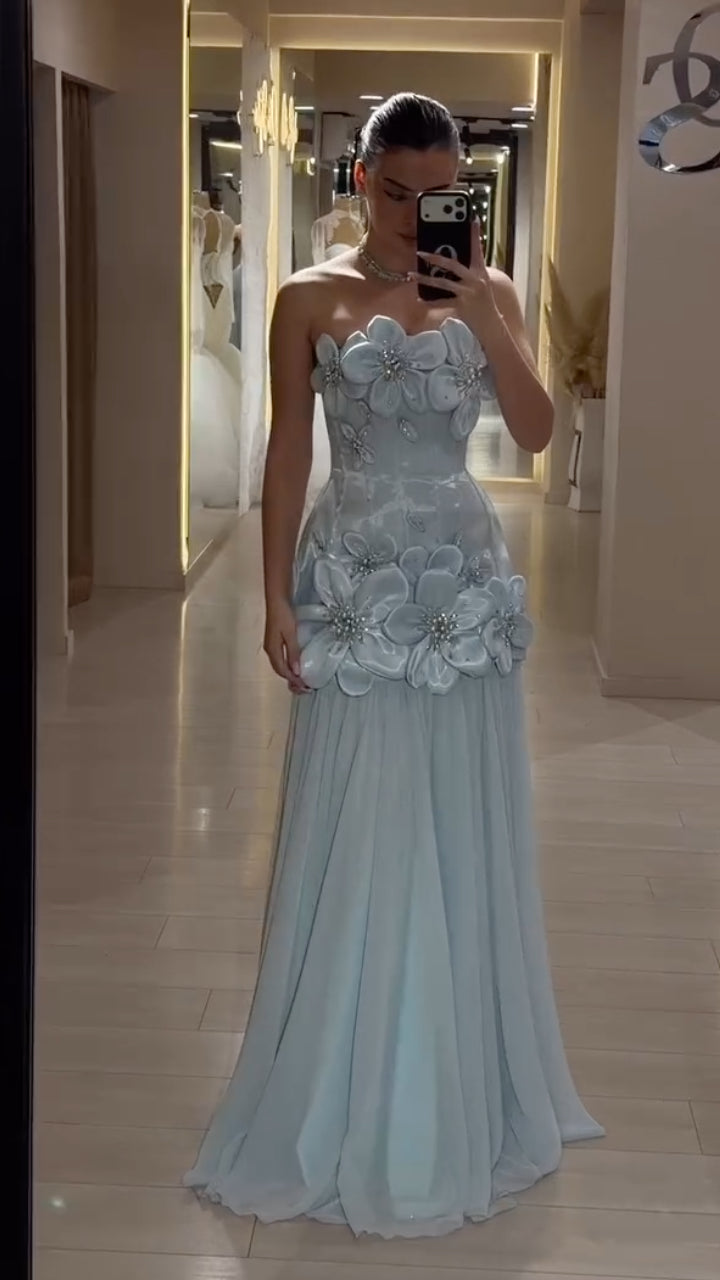 3D Floral Strapless Long Evening Dress