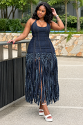 Halter-Neck Long-Fringe Denim Maxi Dress