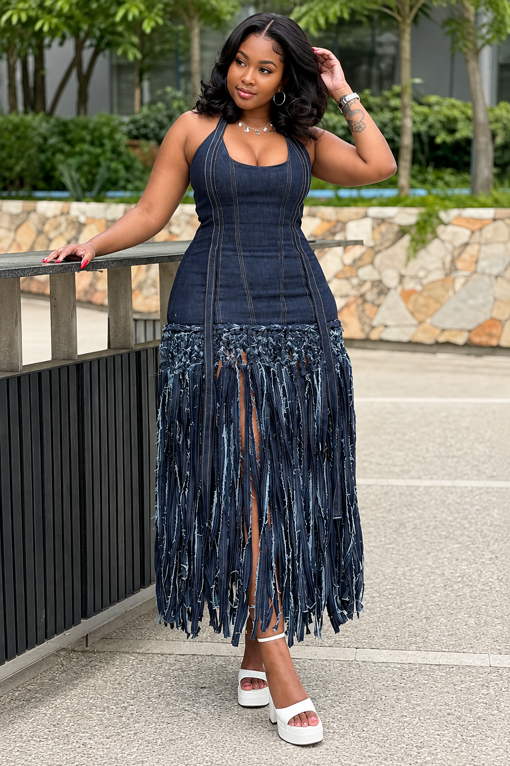 Halter-Neck Long-Fringe Denim Maxi Dress