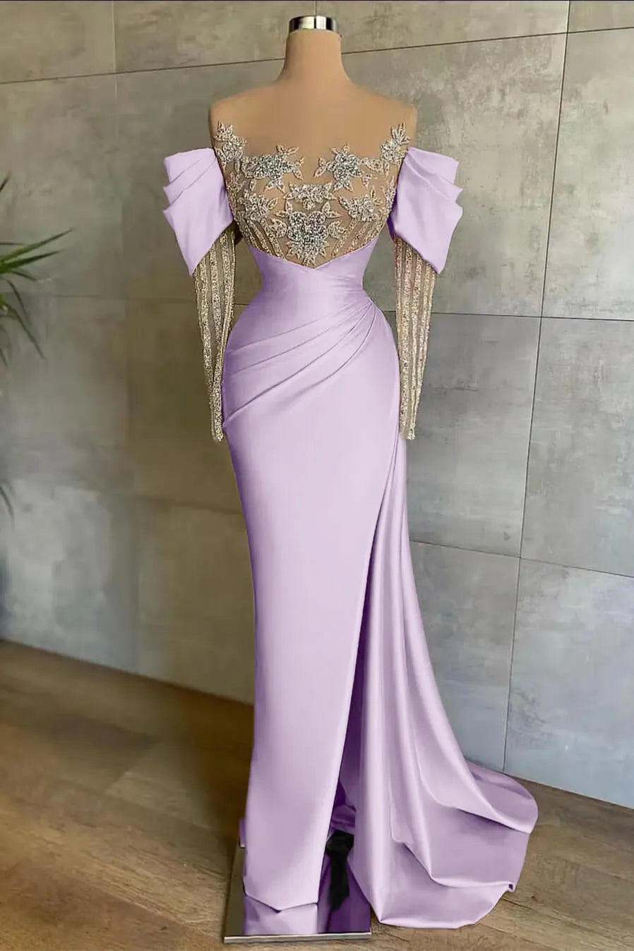 Cocoslly Off-The-Shoulder Long Lace Sleeves Long Split Mermaid Prom Dress With Beaded Applique Embroidery | Pink Satin ED0148