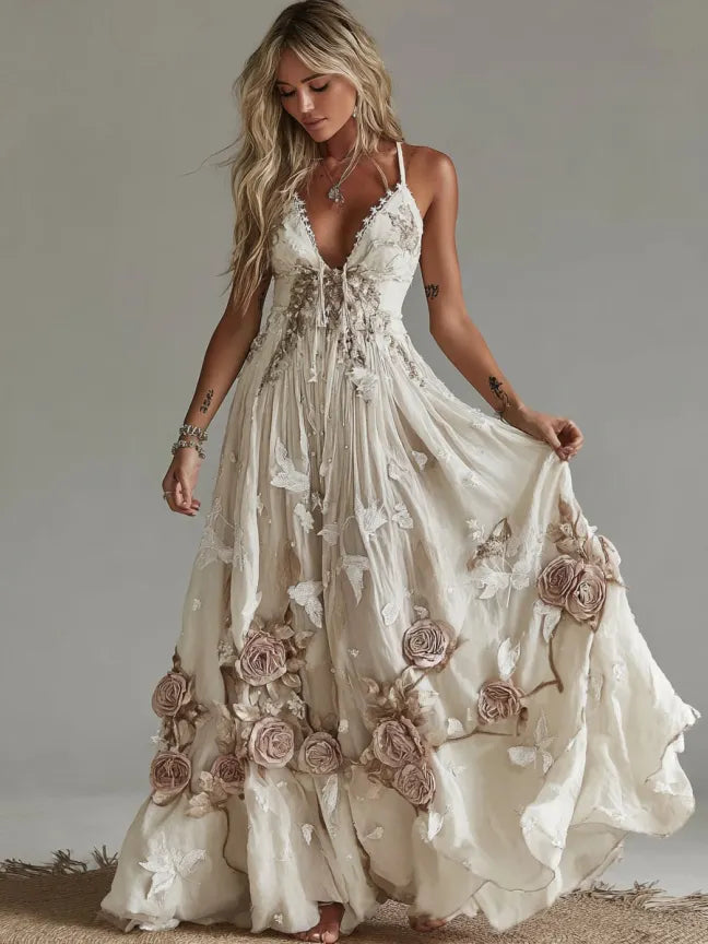Women's Vintage Rose Embroidery Art V-neck Suspender Maxi Dress