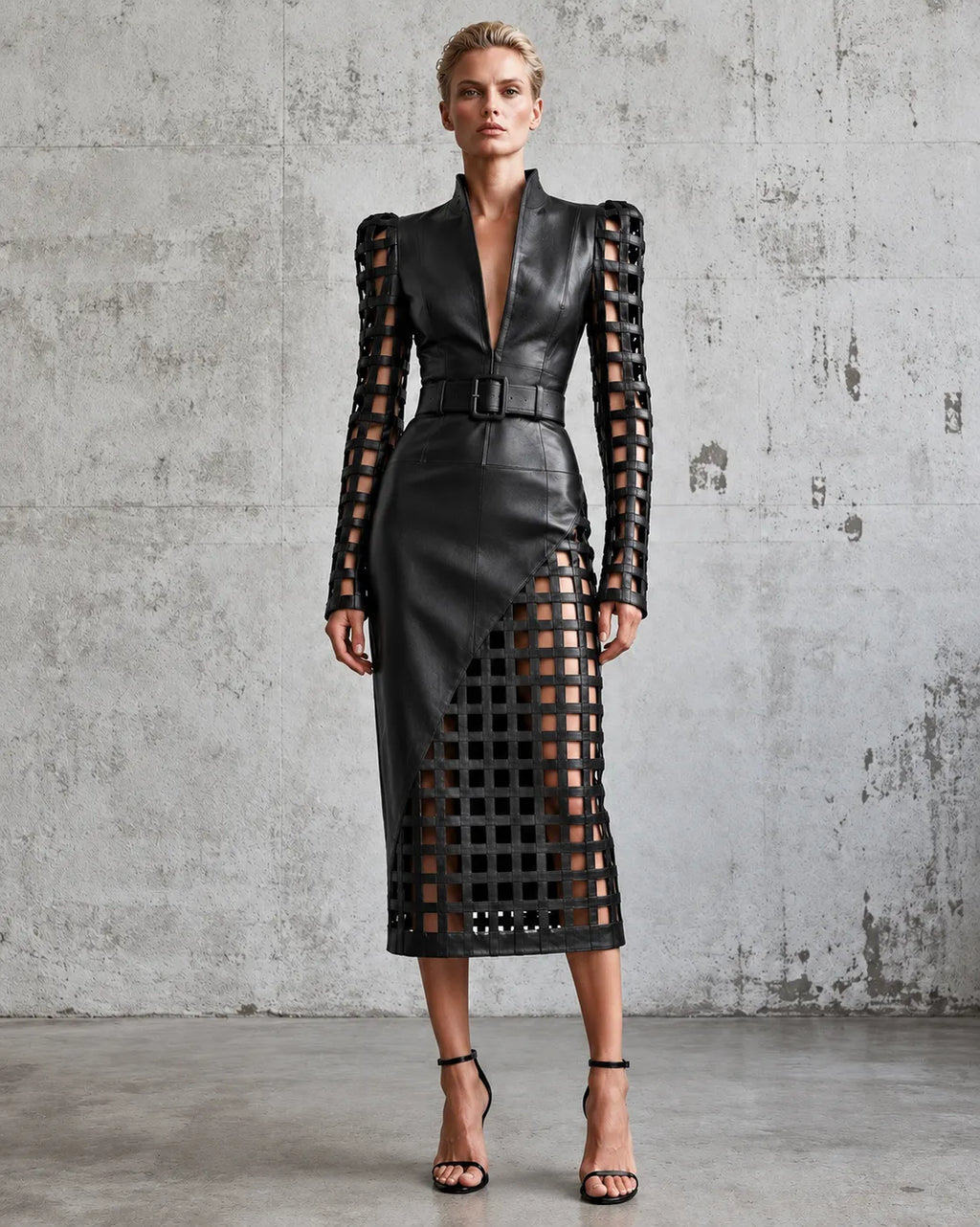 Black Faux Leather Cutout Grid Midi Dress With Belt