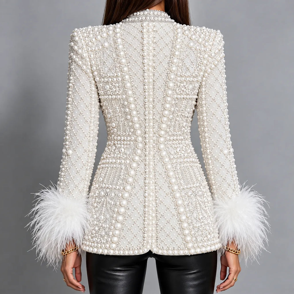 Pearl-Embellished Rhinestone-Lapel Feather-Cuff Blazer