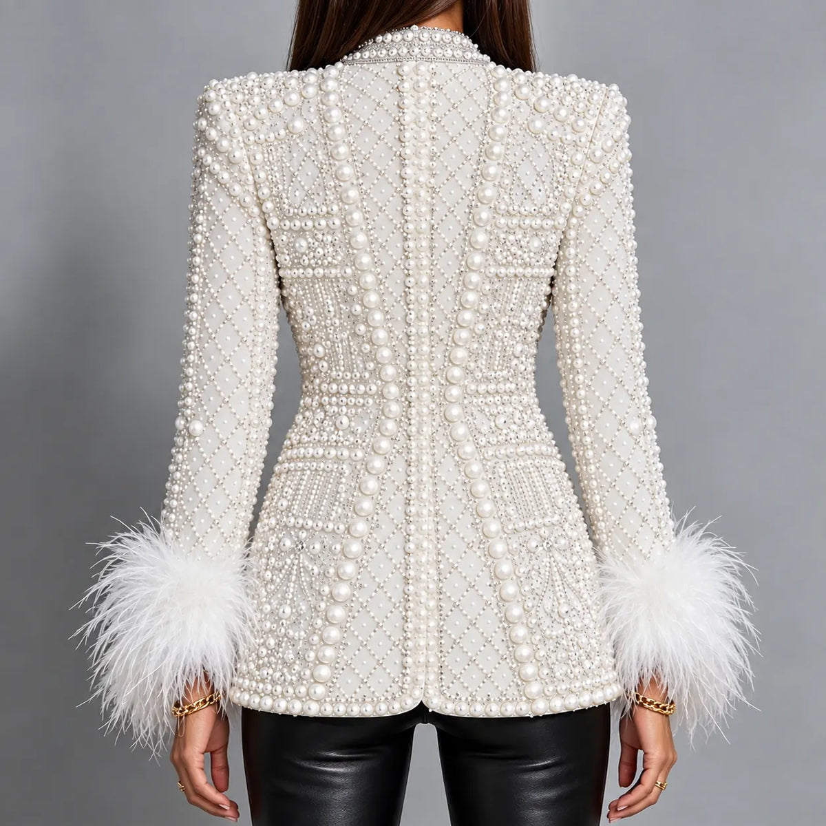 Pearl-Embellished Rhinestone-Lapel Feather-Cuff Blazer