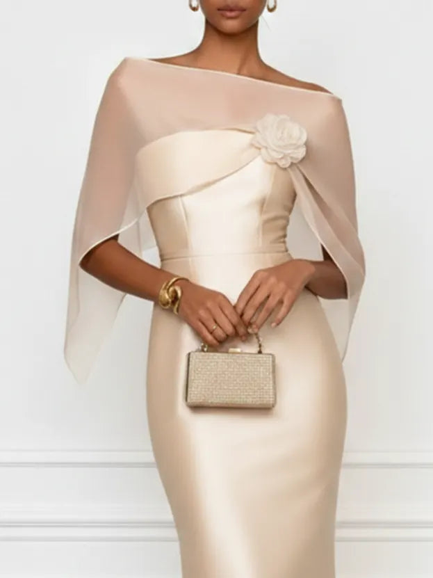 Champagne 3D Floral Satin Boat Neck Short Sleeve Sheath Gown Dress with Capelet