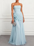 Blue Ruched 3D Floral Chiffon Strapless Sleeveless A-Line Floor-length Gown Dress