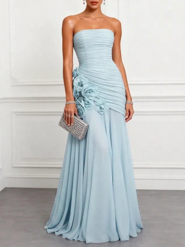 Blue Ruched 3D Floral Chiffon Strapless Sleeveless A-Line Floor-length Gown Dress