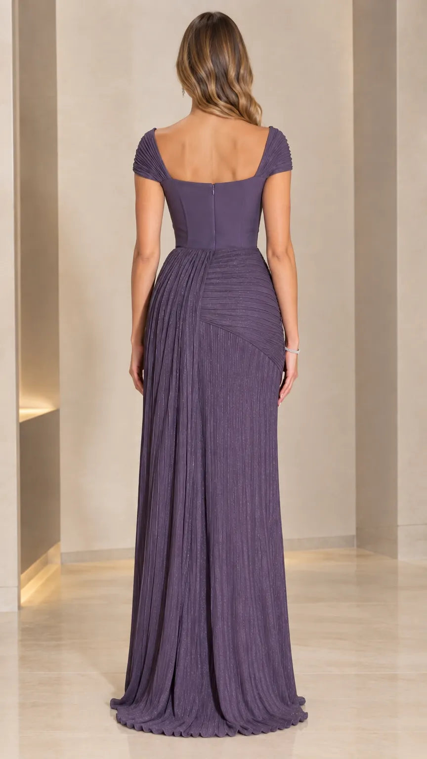 Pleated Shimmer Cap Sleeve Evening Gown with Ruched Waist