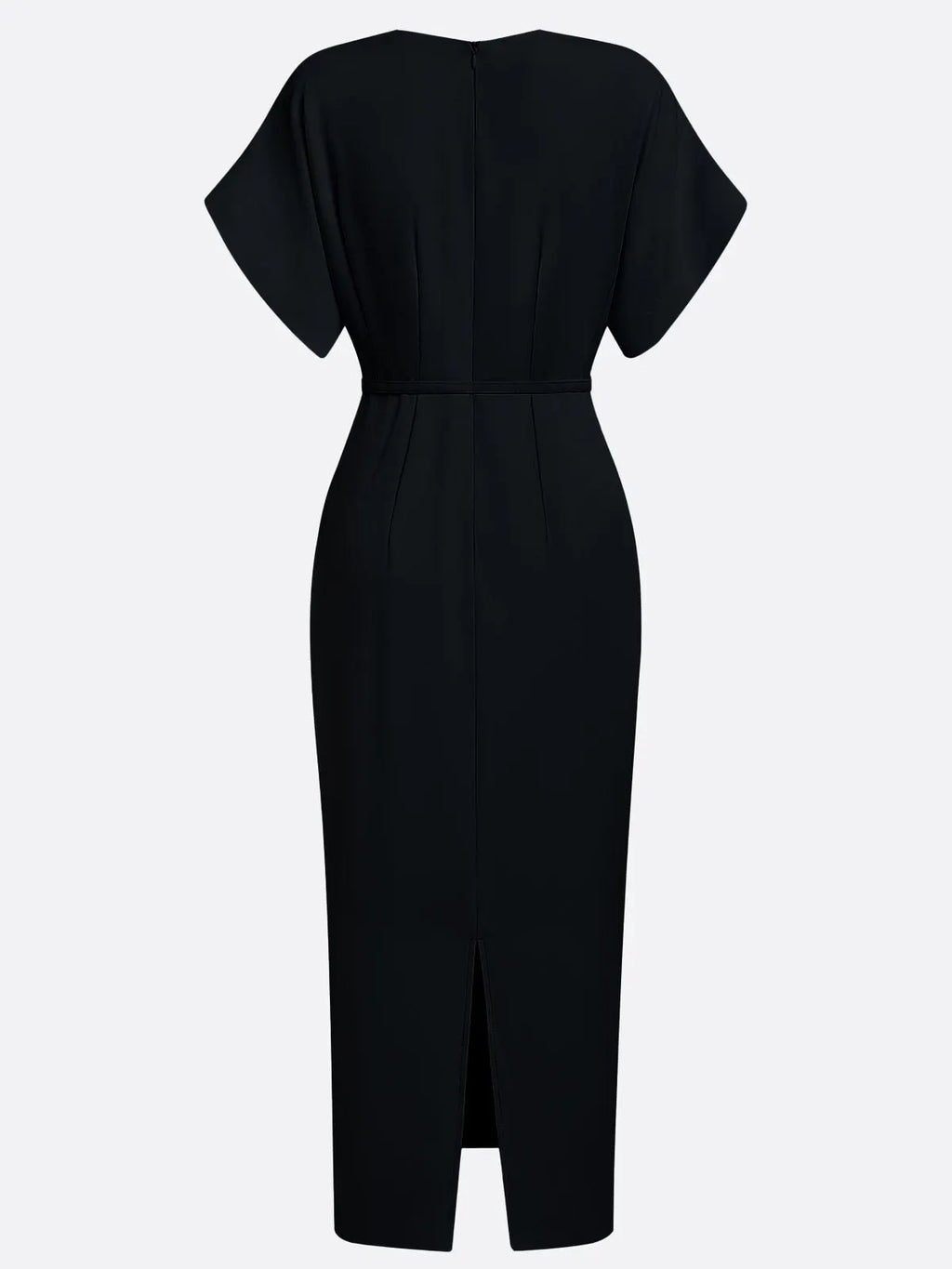 Black Slit Classic V Neck Short Sleeve Dolman Sleeve Sheath Midi Dress With Belt