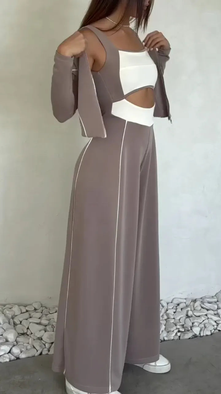 Cutout Jumpsuit&Zip Up Shrug 2 Piece  Set