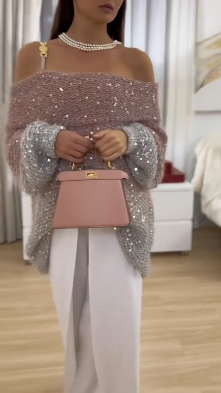 Sequin Off Shoulder Oversized Knit Sweater
