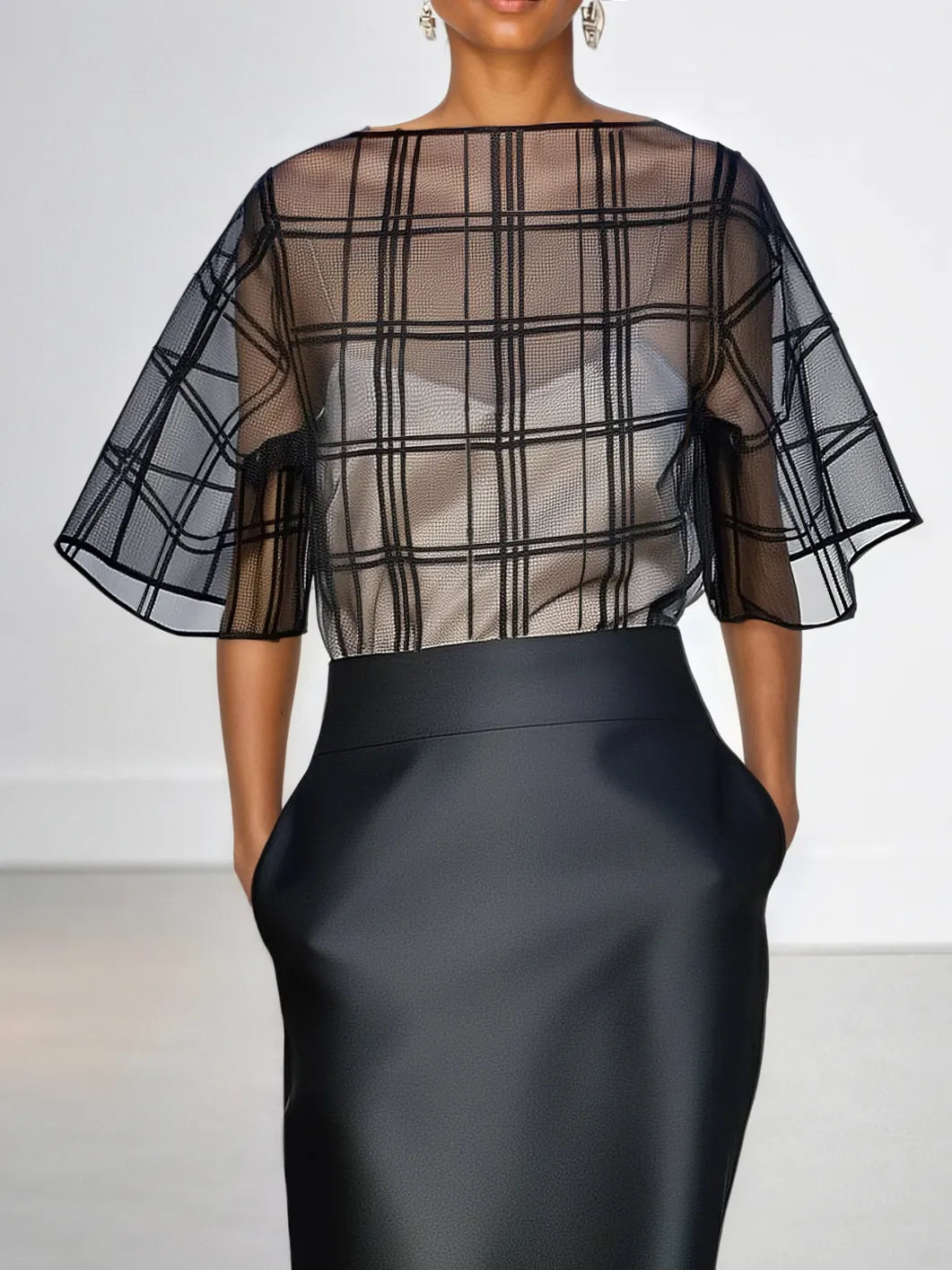 Black Organza Plaid Classic Boat Neck Half Sleeve Dolman Sleeve Sheath Midi Dress
