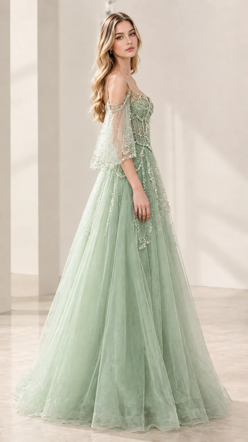 Embroidered Corset Tulle Evening Gown with Cold-Shoulder Flutter Sleeves