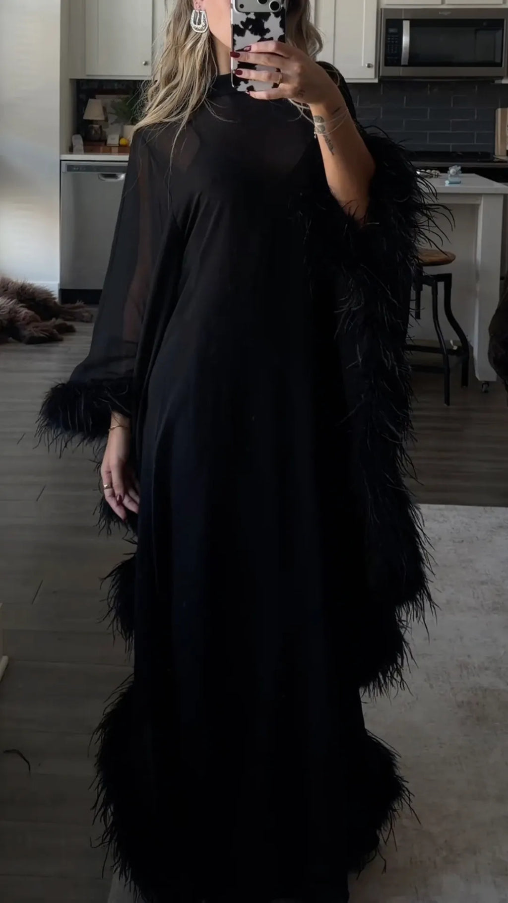 Black Sheer Feather Trim Maxi Dress