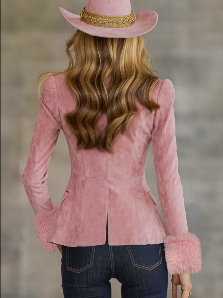 Lapel Multi-button Faux Suede And Fur Blazer