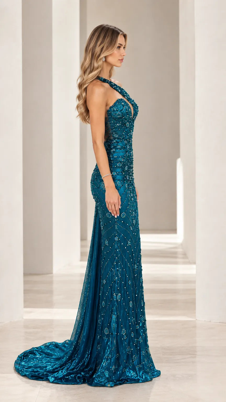 One-Shoulder Embellished Cape Evening Gown Mermaid Formal Maxi Dress