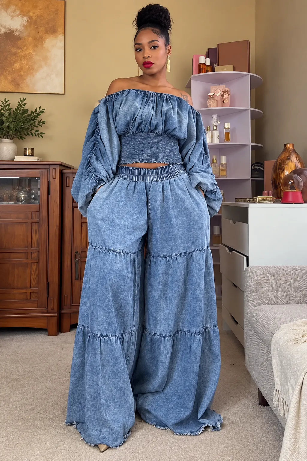 Off-Shoulder Smocked Crop Top & Tiered Wide-Leg Denim Set