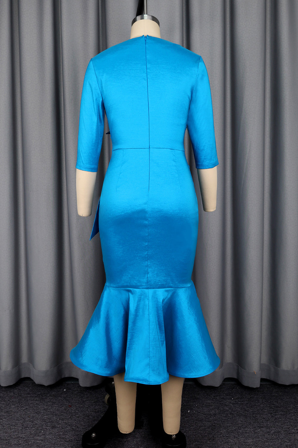 Round Neck Half Sleeve Rhinestone Pearls Fishtail Gowns Midi Dresses-Blue