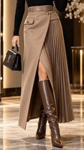 Taupe Belted Wrap-Panel Pleated Midi Skirt