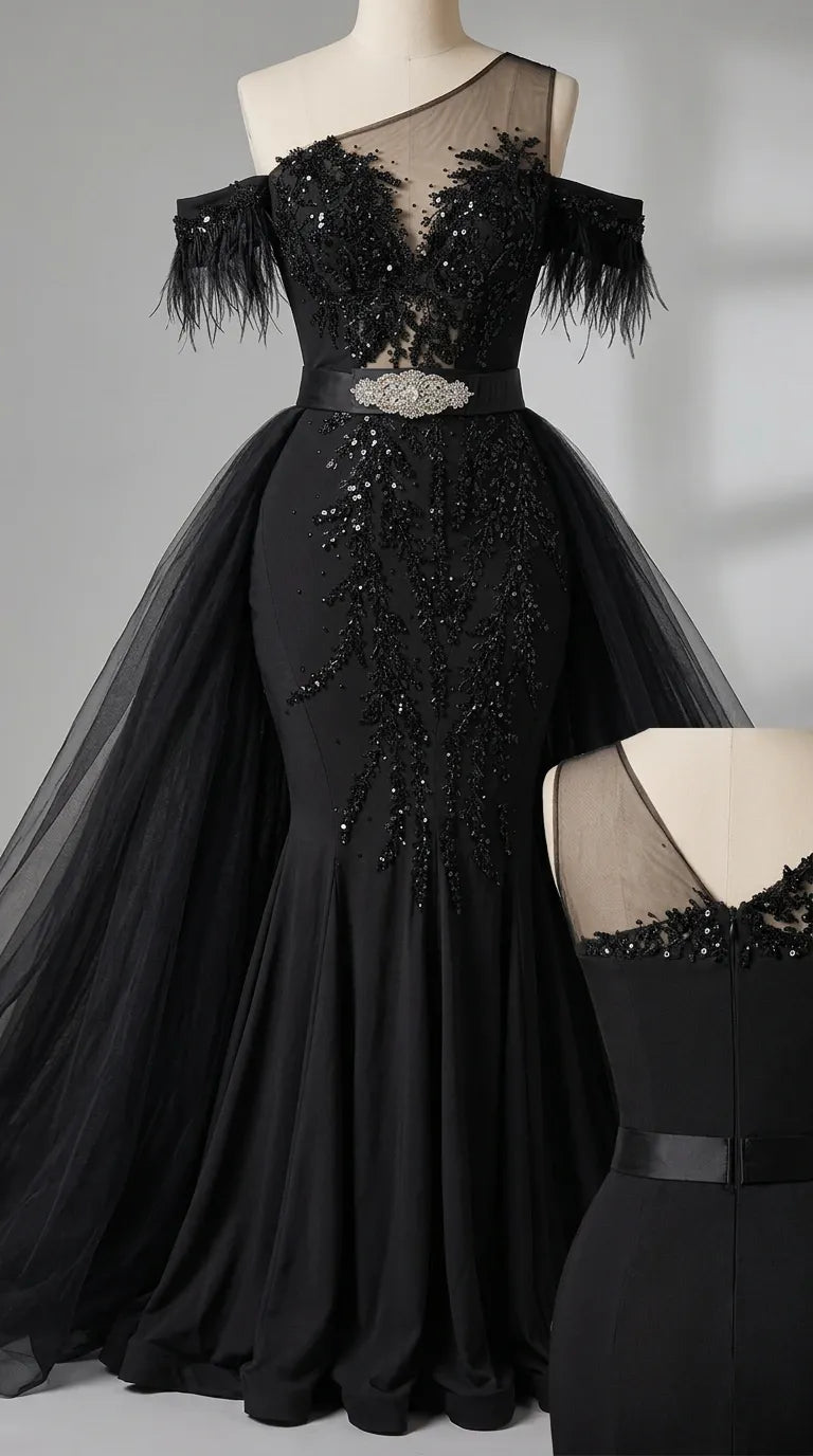 Off-Shoulder Sequin Feather Mermaid Evening Gown with Flowing Overskirt