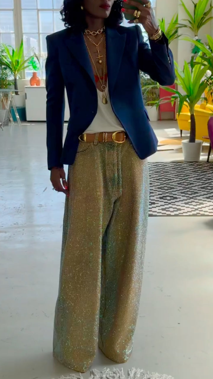 Gold Shimmer High-Waisted Wide-Leg Pants