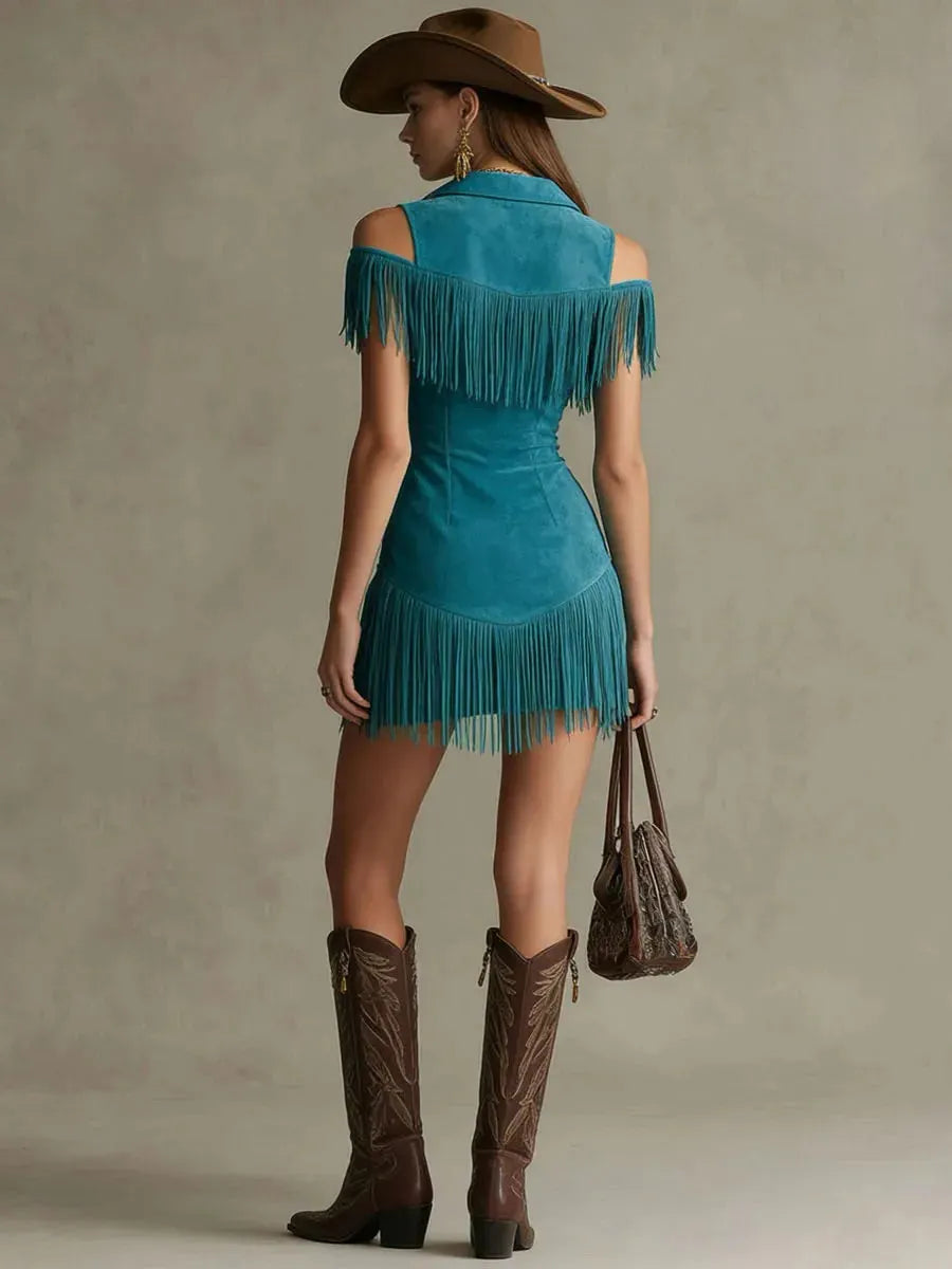 Western Retro Peacock Blue Faux Suede Hollow-Out Tassel Mini Dress