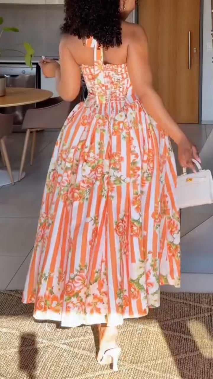 Floral Striped Halter Maxi Dress