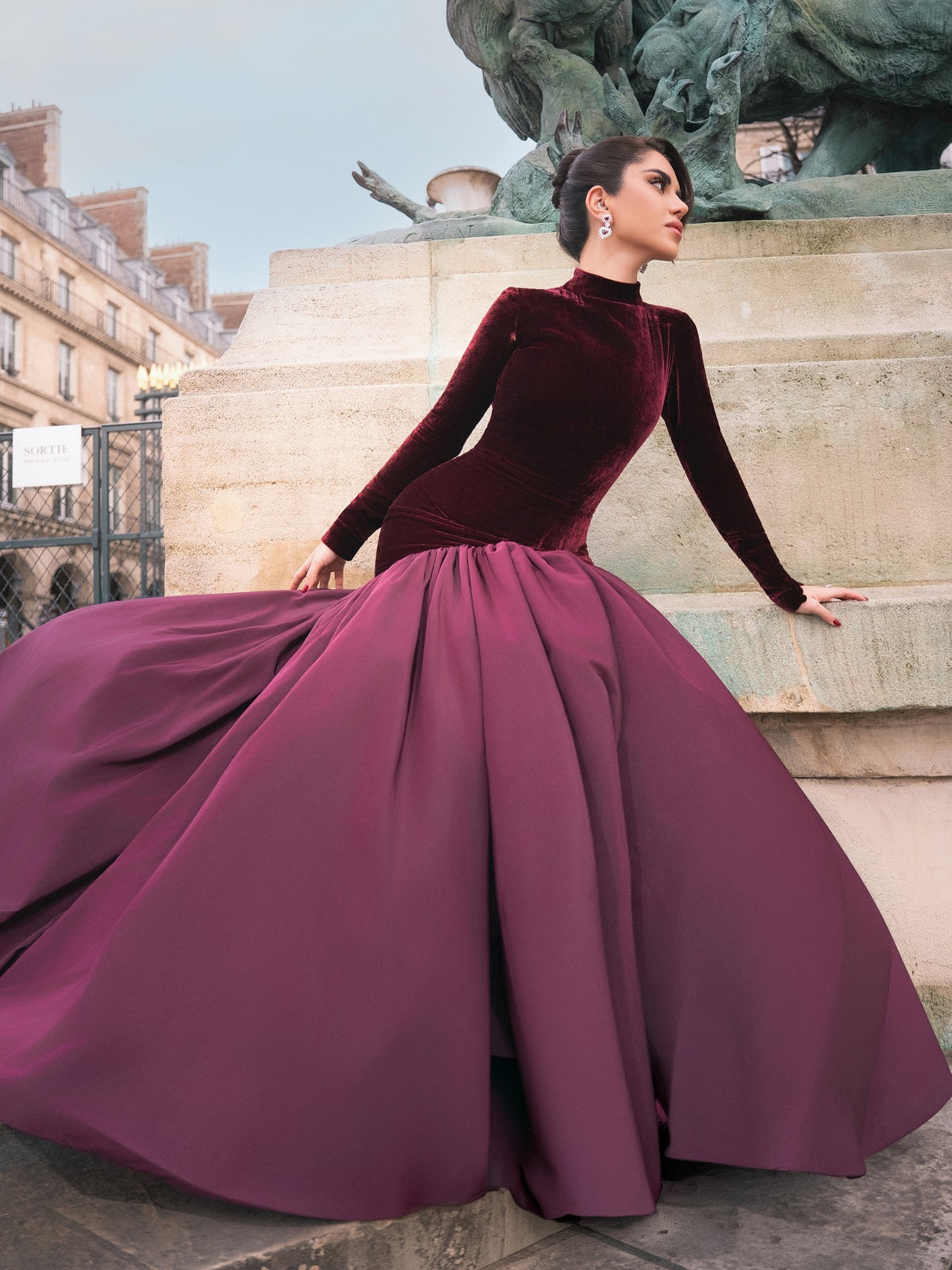 Unique Dark Purple Long Sleeves High Neck Mermaid Prom Dress YK1261