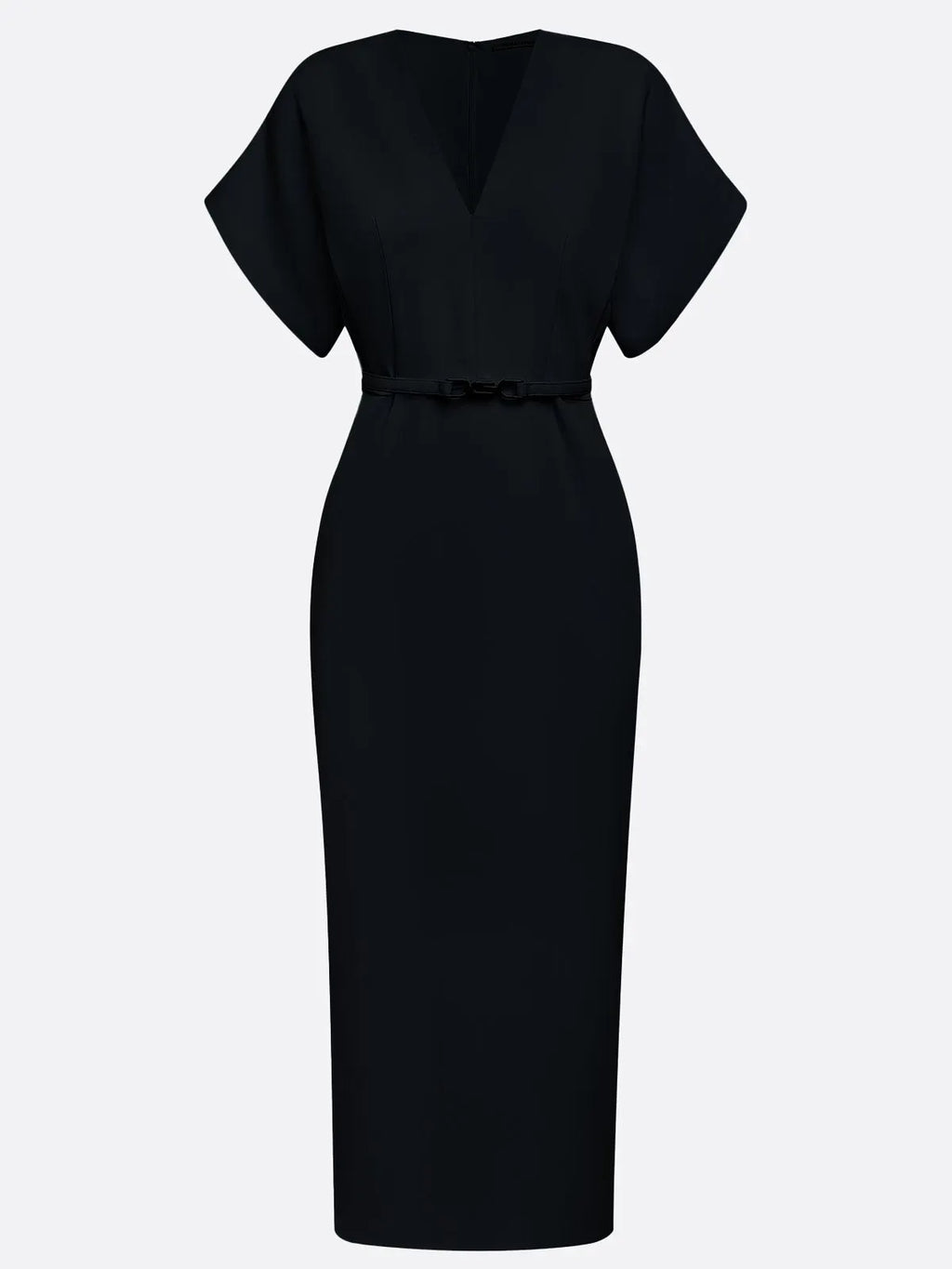 Black Slit Classic V Neck Short Sleeve Dolman Sleeve Sheath Midi Dress With Belt
