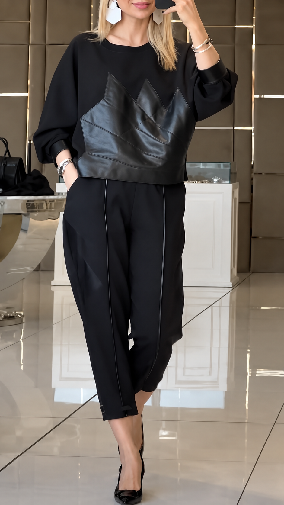 Faux Leather Patch Sweatshirt & Cuffed Trousers Two Piece Set