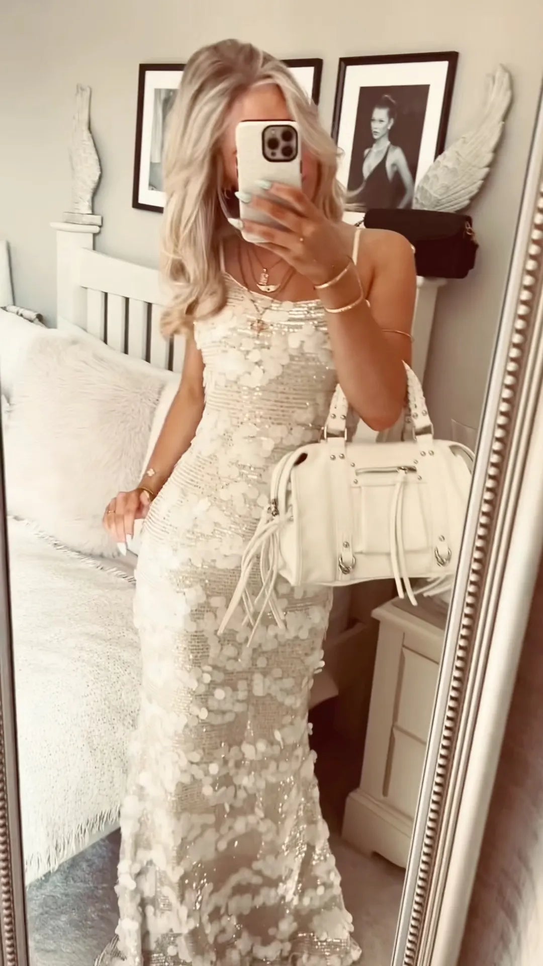 White 3D Petal Sequin Mermaid Gown