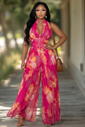 Deep V Neck Floral Pleated Wide Leg Casual Jumpsuit-Fuchsia [Pre Order]
